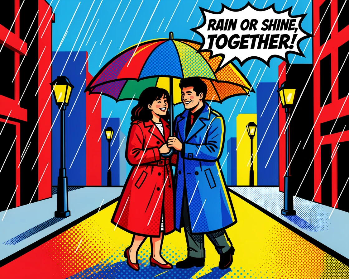 A couple sharing an umbrella on a rainy city street