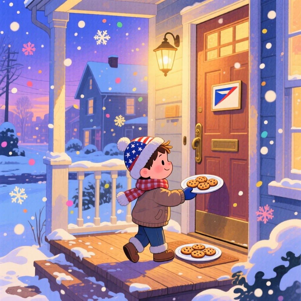 A little boy leaving cookies out for the mail carrier on a snowy day, framed by warm porch light at dusk, radiating kindness, hope, and heartfelt emotion.