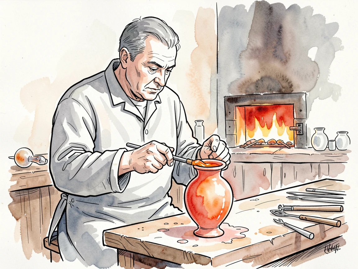 A glassblower shaping molten glass into a delicate vase, small details revealing years of practiced dedication.