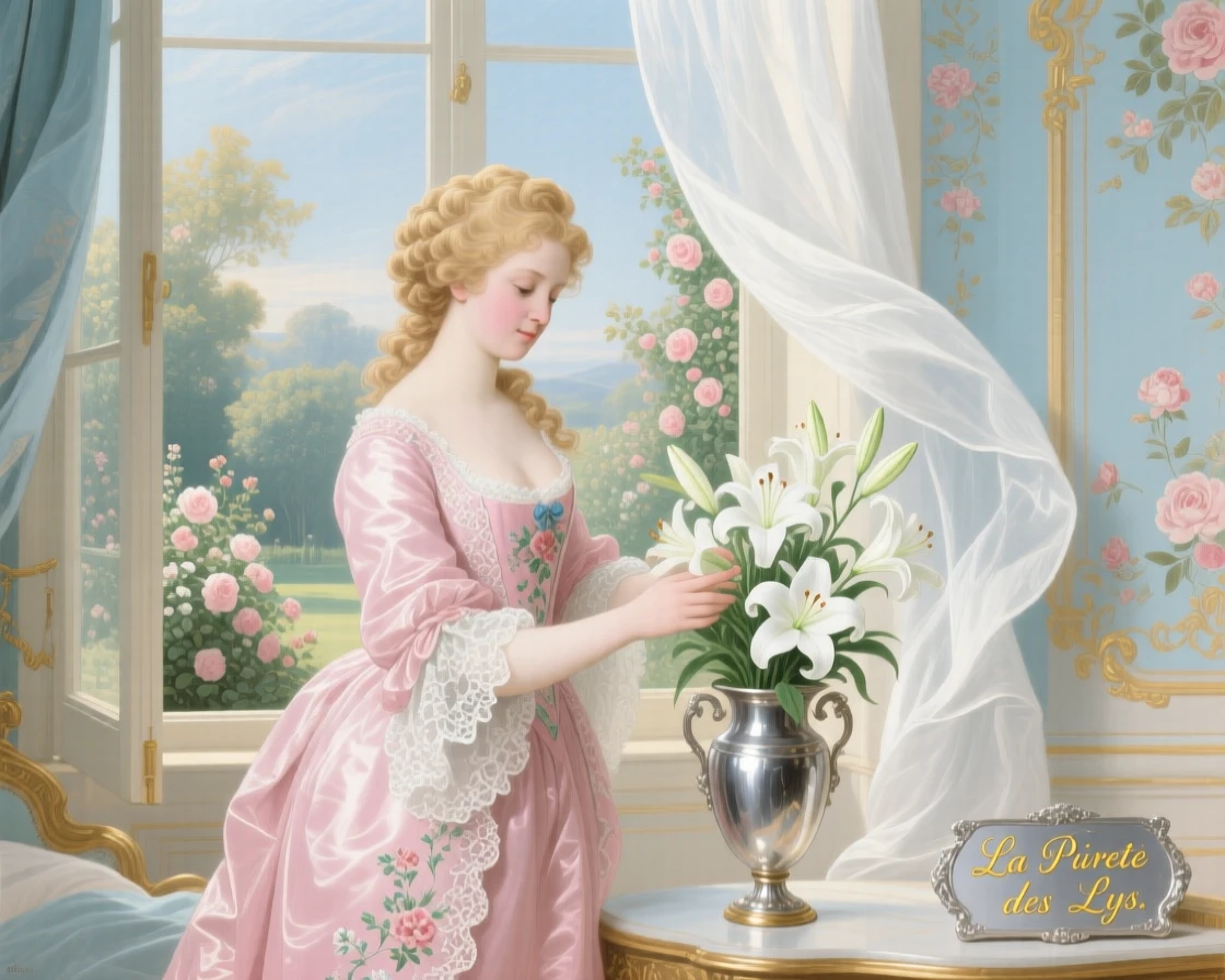 A lady arranging fresh lilies in a silver vase beside an open window  