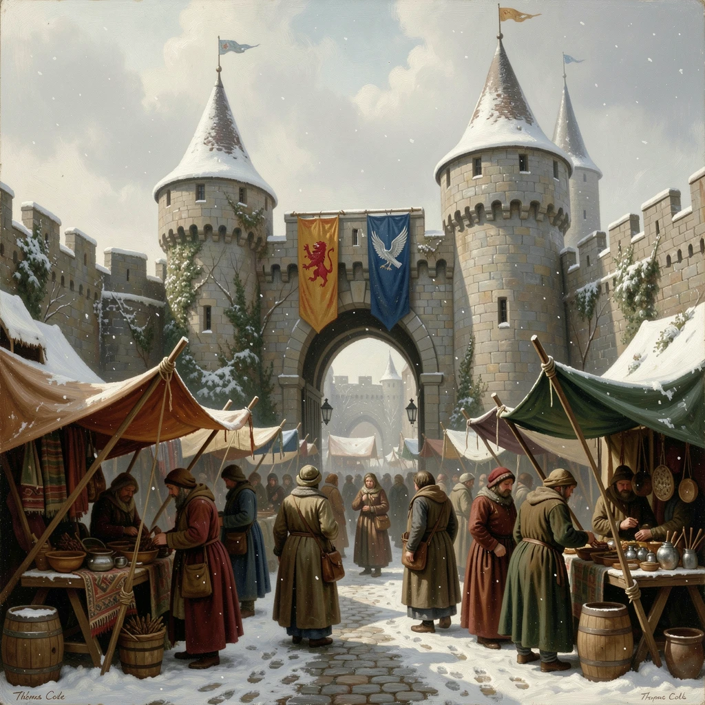 A group of merchants sets up stalls within the courtyard of a castle gatehouse guarded by banners while snow blankets the towers.