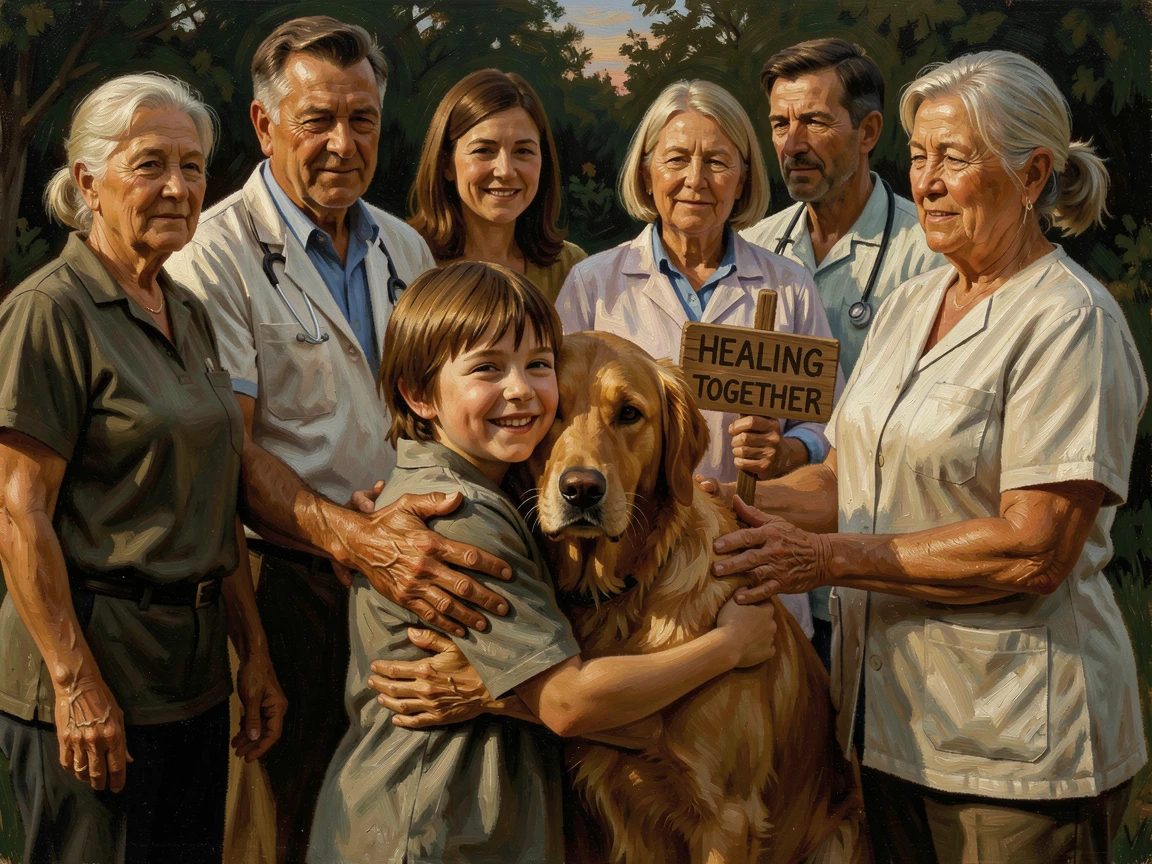 A child hugging a therapy dog that helped them through a difficult recovery, with the surrounding crowd or community sharing in the emotion, offering a genuinely moving and unforgettable emotional moment