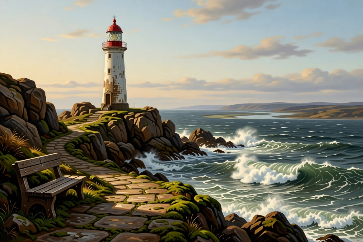 A rugged coastline with a lighthouse standing against crashing surf alive with the quiet motion of wind and water, set far from any signs of human presence, with a weathered bench or stone path inviting quiet contemplation; a winding path or river leads the eye deep into the distance, radiating the serene majesty of untouched nature.
