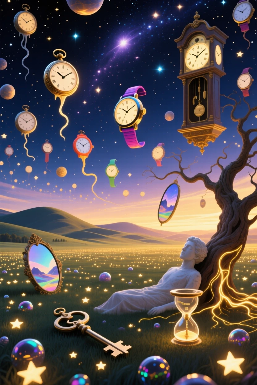 A sky filled with clocks instead of stars, all ticking softly drifts slowly through an endless field of stars, as a soft golden light spills over distant sleeping hills.