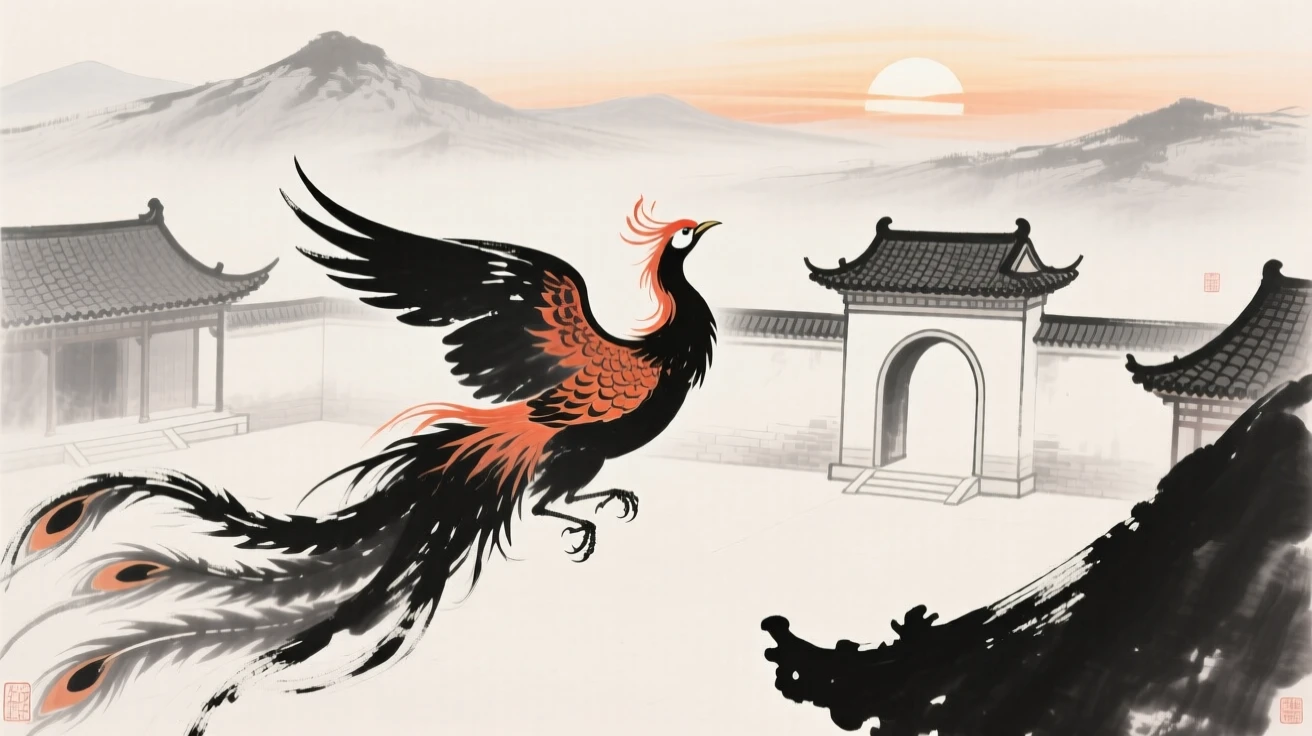 A phoenix descends toward a palace courtyard at sunrise, as the first light of dawn touches the mountains.