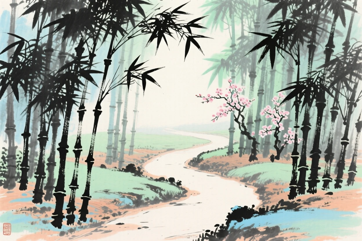 A quiet path through a bamboo grove with no one in sight, in a warm breeze carrying the scent of blossoms, touched with gentle melancholy.