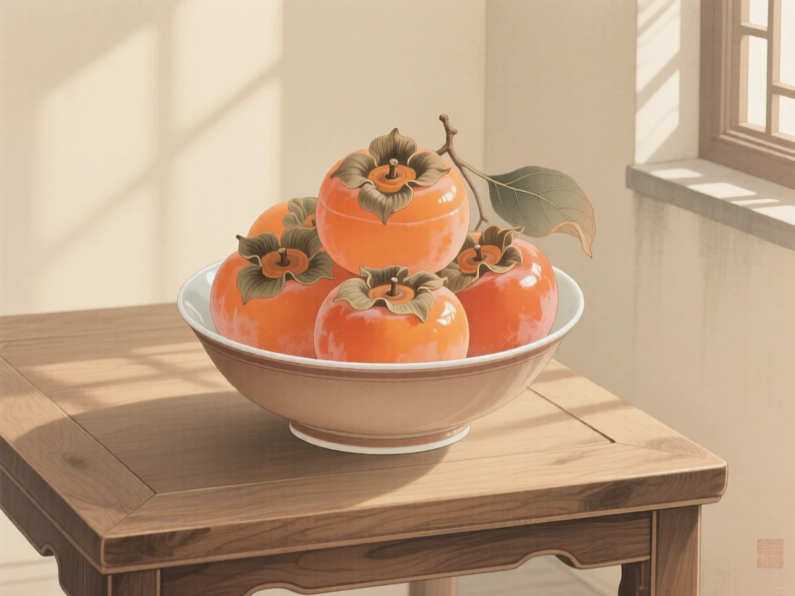 A bowl of ripe persimmons on a wooden table on a low table in a sunlit room