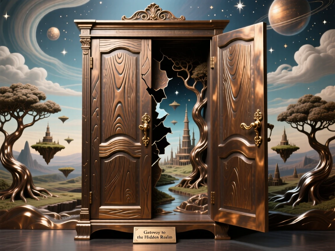 A hidden realm glimpsed through a crack in an ancient wardrobe, set against a surreal, otherworldly sky, transporting the viewer to another world