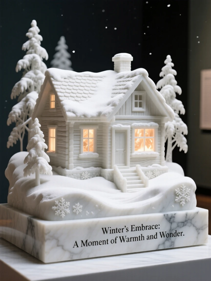 A vivid, emotionally rich scene of a snow-covered cabin glowing with warm light, surrounded by soft, glowing light, designed to captivate and inspire