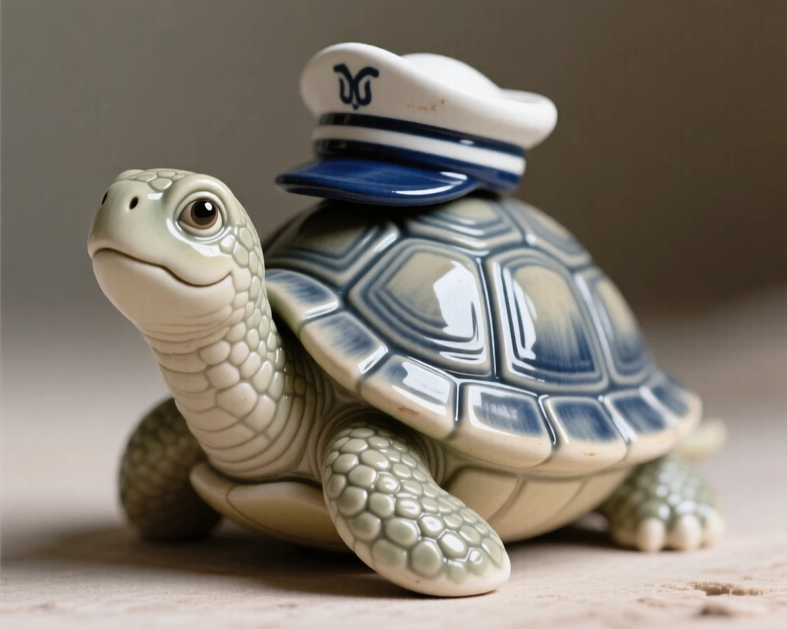 A turtle wearing a tiny sailor's cap arranged as if from a beloved fairytale page, with tiny expressive details bringing the scene to life, radiating coziness and storybook charm.