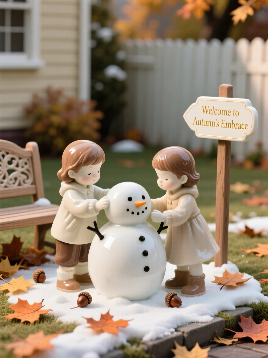A cozy autumn moment: children building a snowman in a quiet yard, full of gentle, cozy charm.