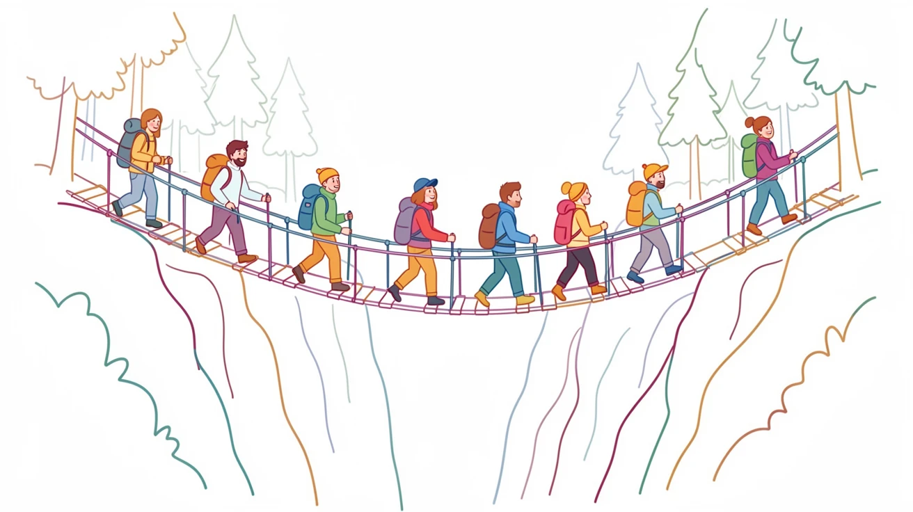 A group of hikers crossing a rope bridge over a deep forest gorge.