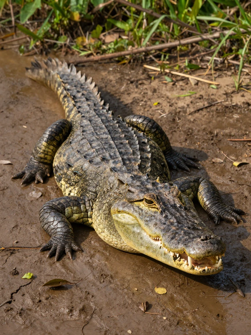 A crocodile basking motionless on a muddy riverbank