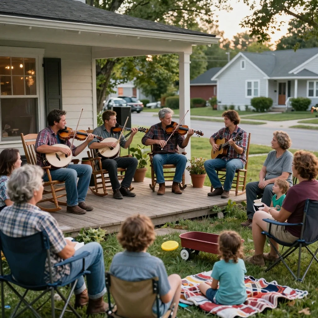 A folk band plays fiddles and banjos on a porch as neighbors gather to listen.
