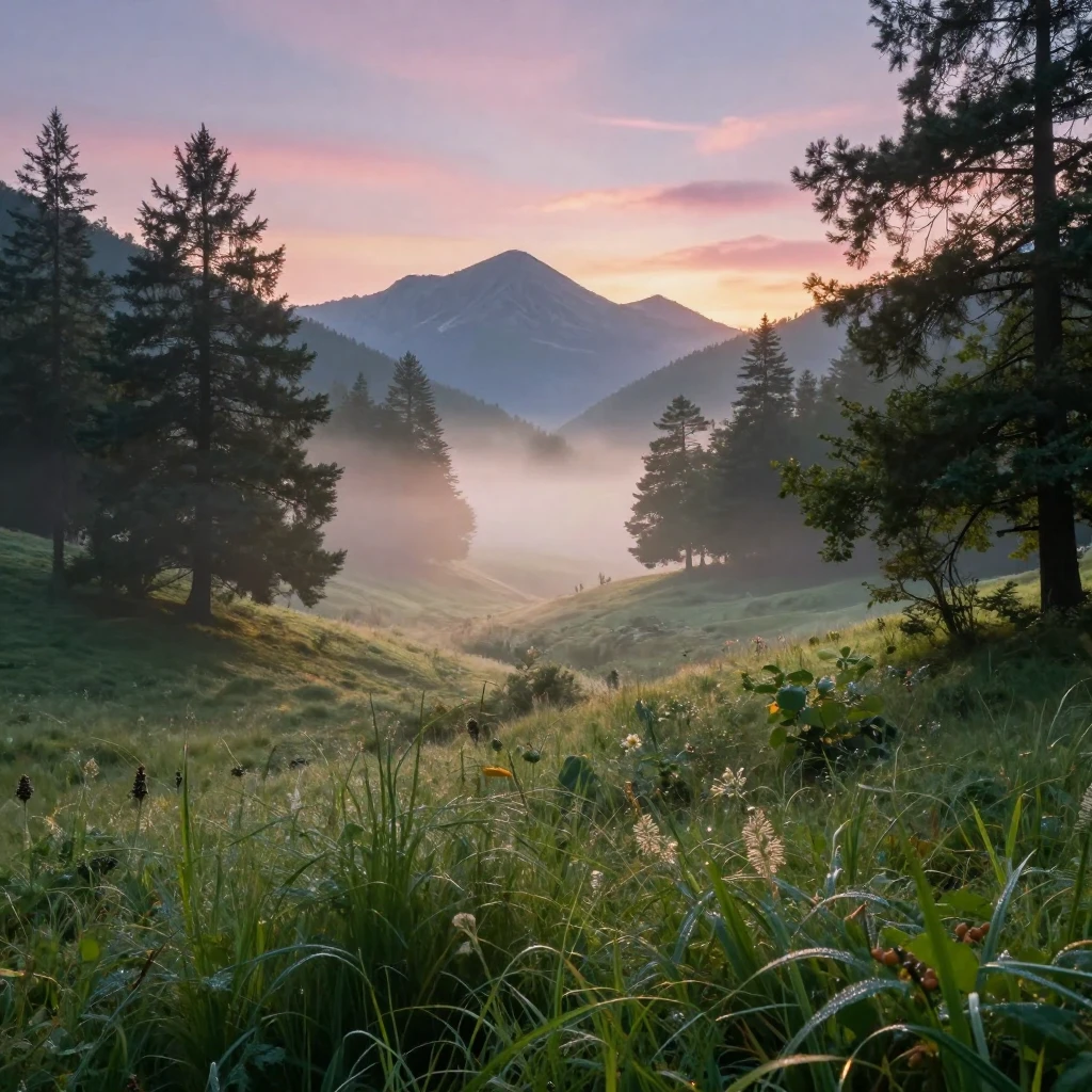 A hidden valley cloaked in morning mist at the break of dawn
