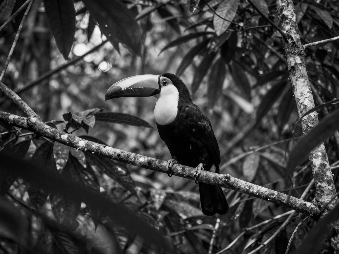 A colorful toucan perches on a branch deep in the canopy within a dense rainforest canopy.
