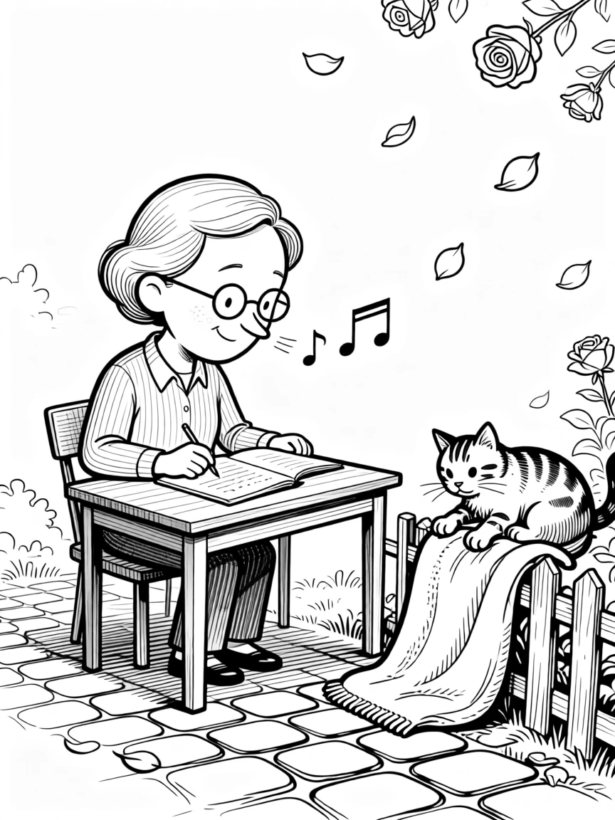 A retired teacher grading papers with tiny reading glasses, humming softly while the cat kneads a blanket, set over a low garden fence. Rose petals drift gently onto the garden path. The image honors a lifetime of stories worth telling.