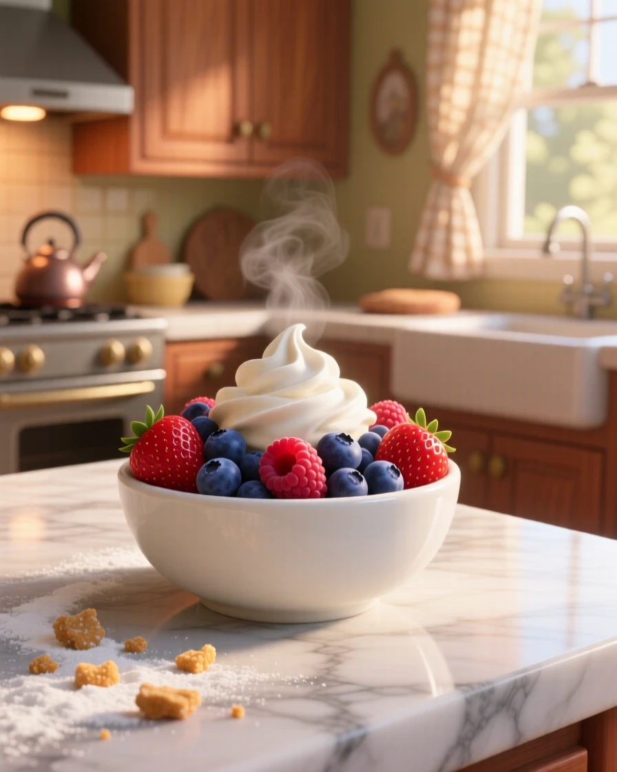 A bowl of fresh mixed berries with cream sits on a marble kitchen counter dusted with flour, with a few crumbs scattered artfully around. A comforting, homey feeling fills the moment.