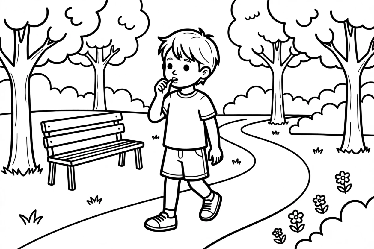 A child learning to whistle while walking in the park
