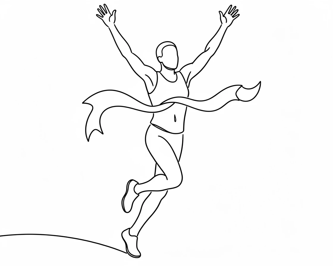 A marathon runner crossing the finish line with arms raised