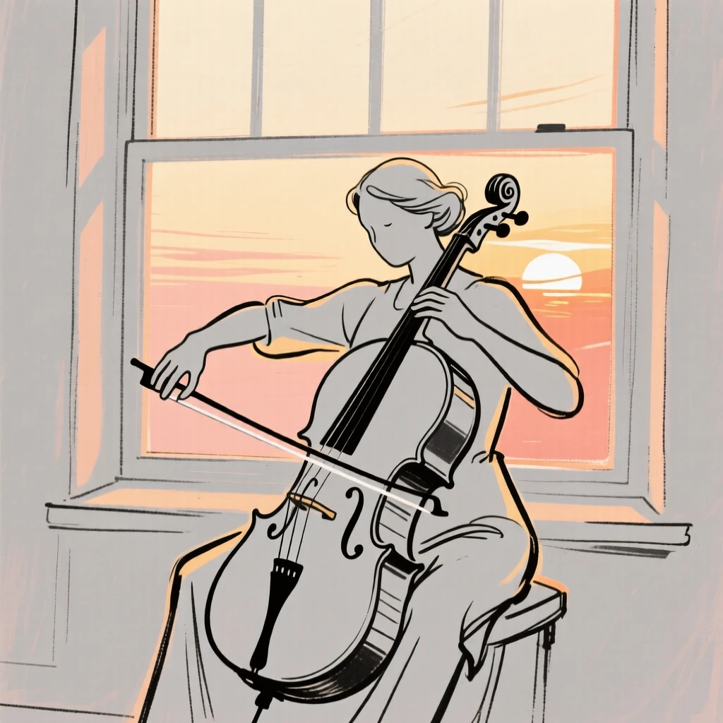 A cellist practicing quietly beside a large window at sunset.