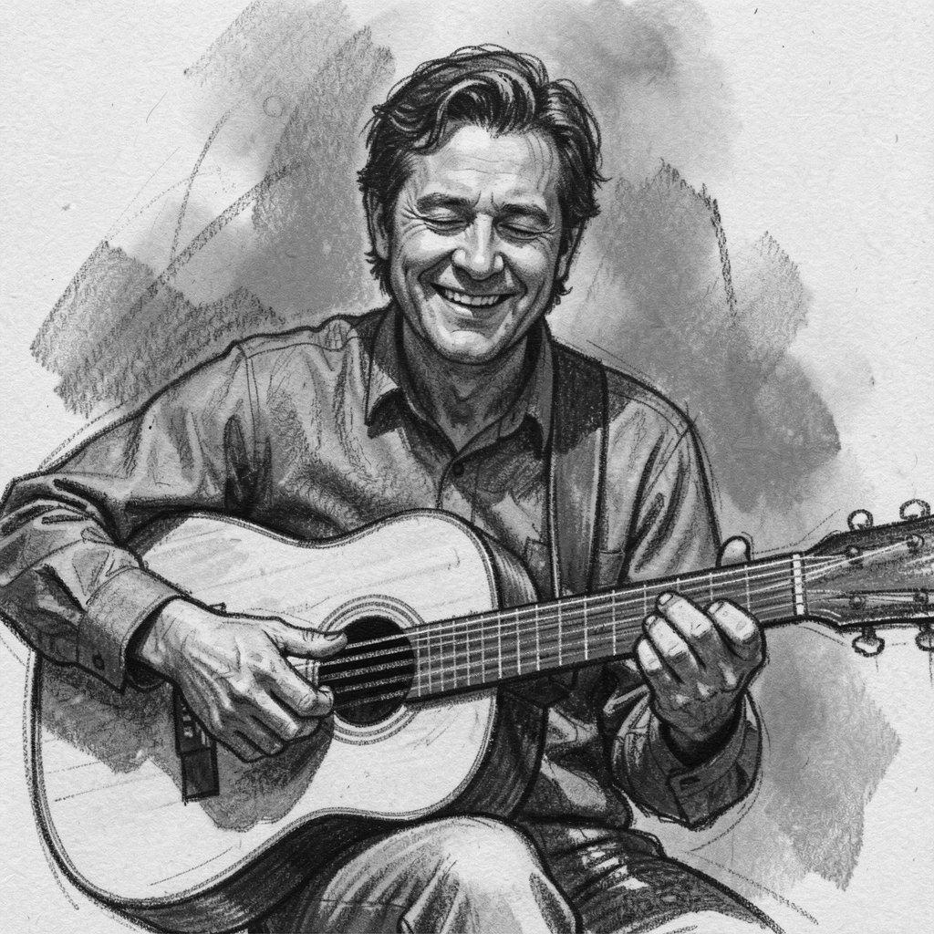 A blind musician performing with pure joy on his face, in a moment of quiet togetherness.