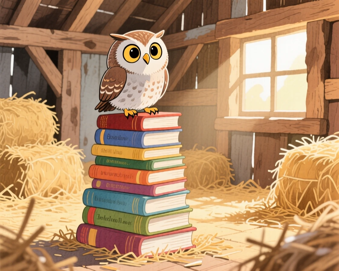 A curious owlet sitting proudly atop a stack of storybooks, set in a rustic barn filled with soft hay, showing unconditional love and loyalty.