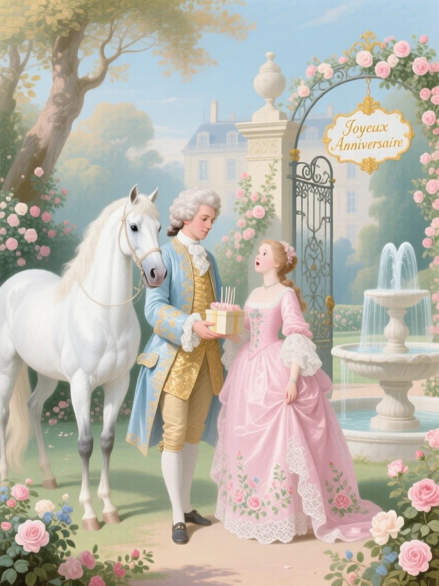 A prince offering a white horse to his sister as a birthday gift  