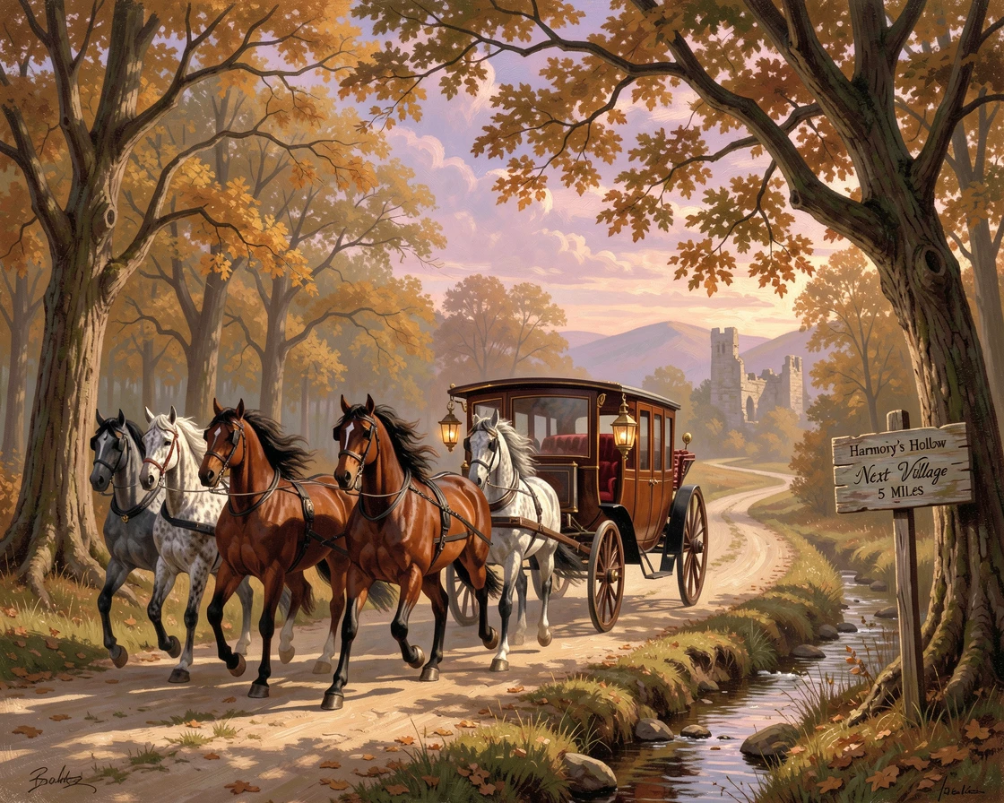 A team of horses pulls a carriage along a tree-lined country road.