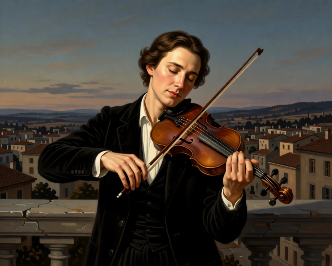 A violinist pausing mid-performance, eyes closed in concentration turning slightly toward a soft, unseen light, set on a stone balcony overlooking a quiet town at dusk, with a single shaft of light illuminating an expressive face; the pose is turned gently off-center for a natural, candid feel, capturing grace under the weight of everyday devotion.