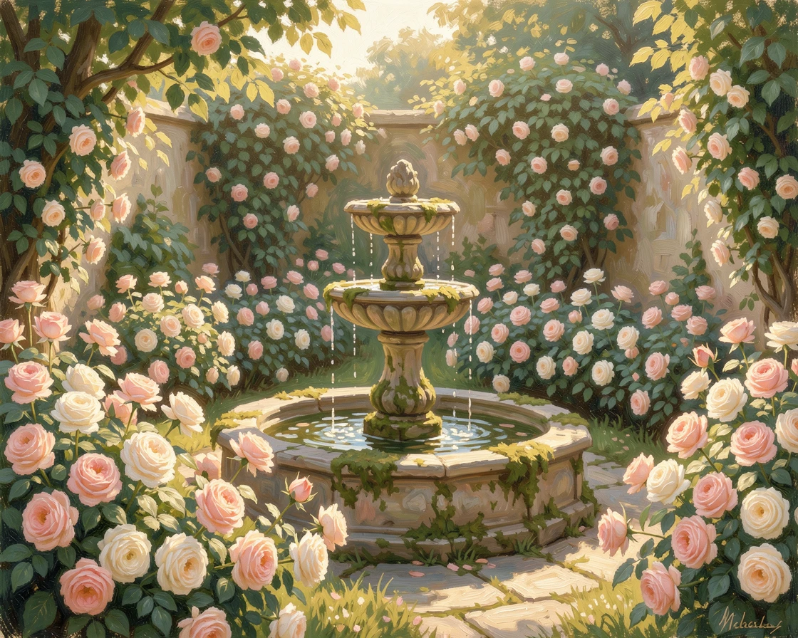 An old English rose garden with a weathered stone fountain at its center, ivy climbing the surrounding walls, filled with warmth and nostalgia.