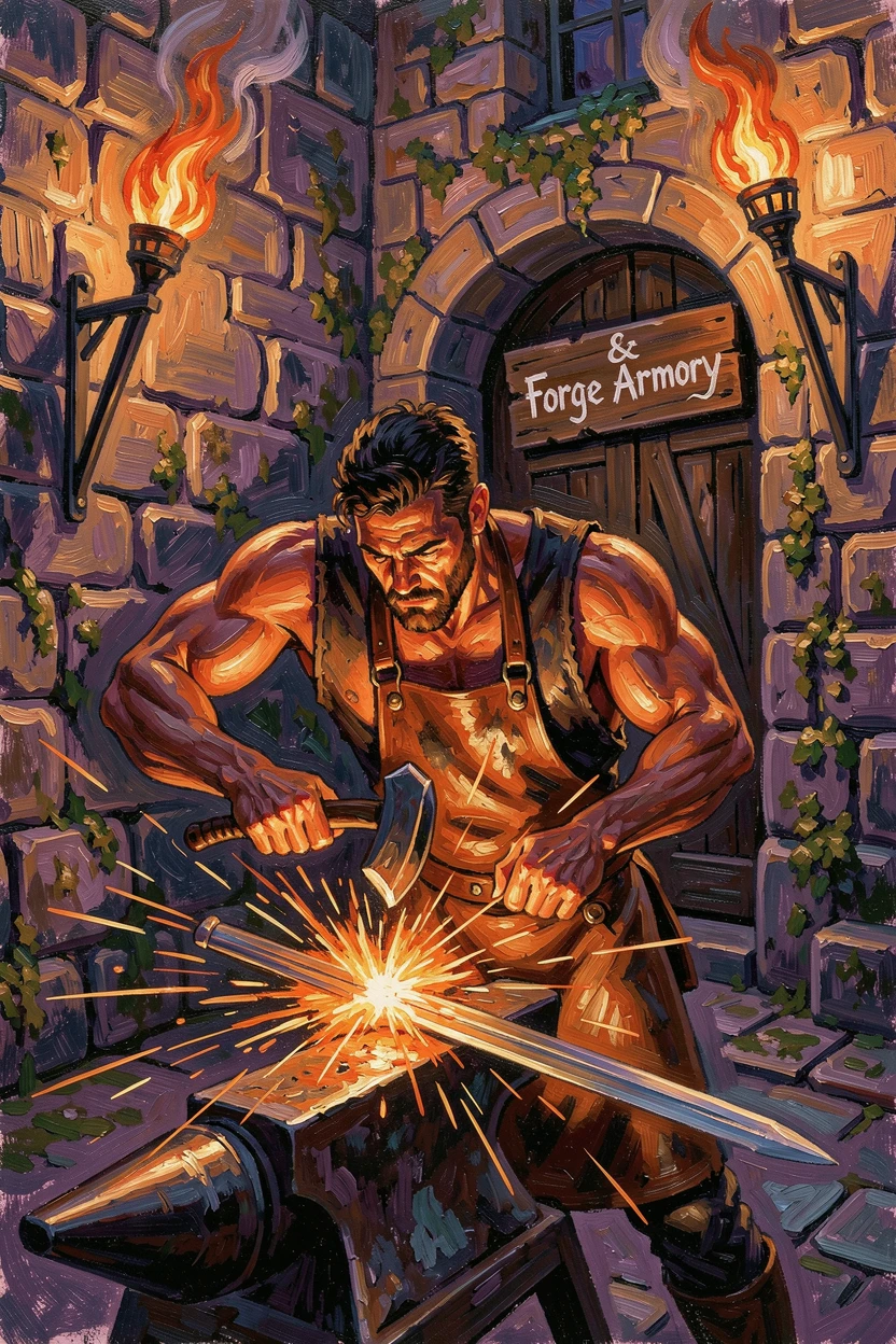 A blacksmith forging a sword in a stone castle courtyard beneath torchlight.