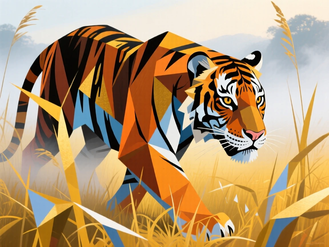 A tiger prowling silently through tall golden grass in the early morning mist.