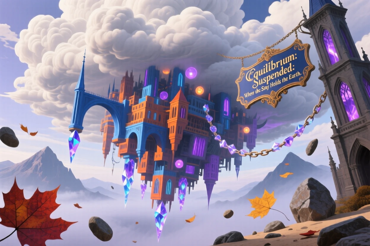 An upside-down city hanging beneath a cloud bank tilts at an impossible angle without ever falling, as loose stones and leaves hover motionless around it.