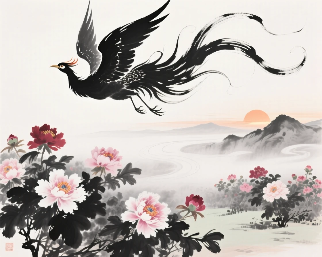 A phoenix soars above a garden filled with peonies in full bloom, as the first light of dawn touches the mountains.