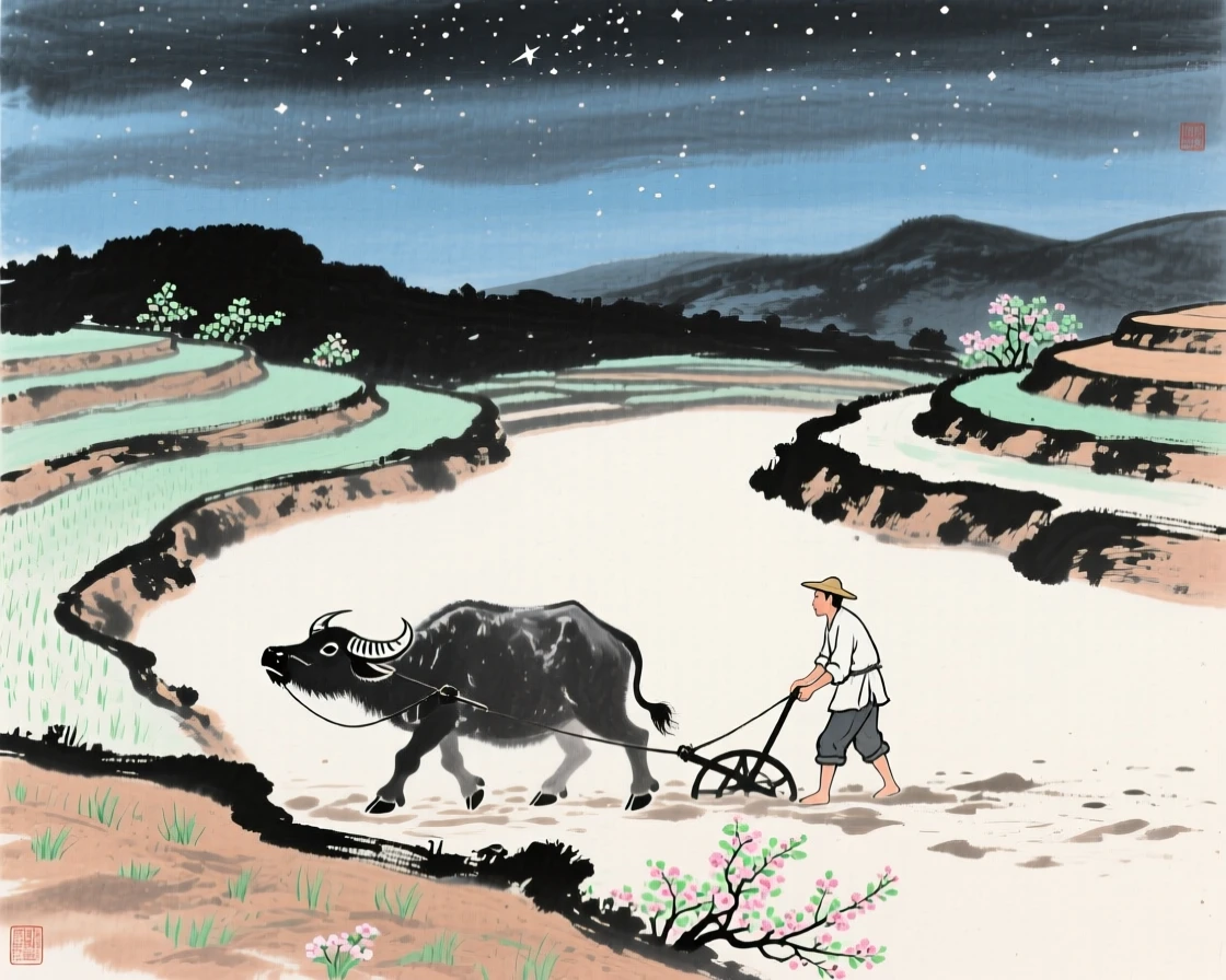 A farmer plowing a terraced field with the help of a water buffalo, under a sky full of stars, imbued with timeless calm, as spring blossoms unfold.