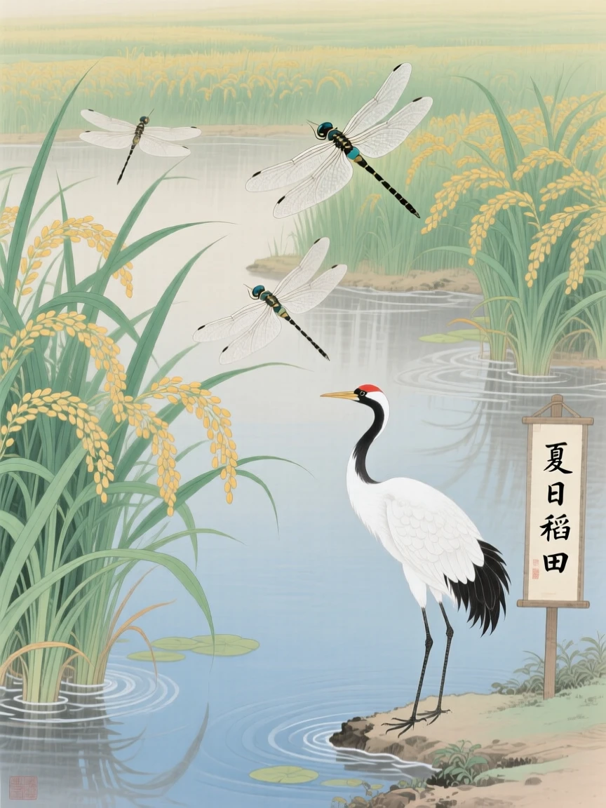 Dragonflies hovering above a rice paddy in the heat of midsummer, with a lone crane standing at the water's edge