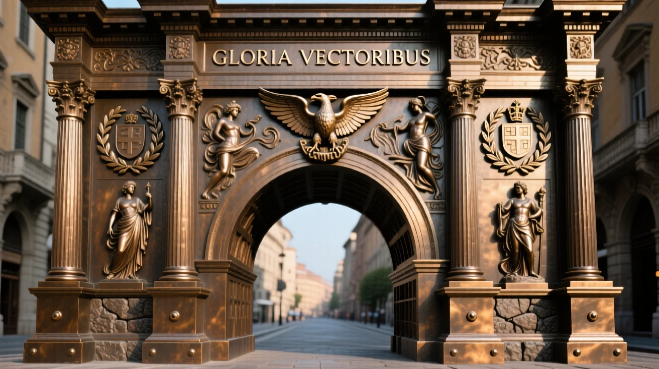 A grand triumphal arch at the end of a historic avenue, with intricate architectural detail throughout, exuding timeless grandeur