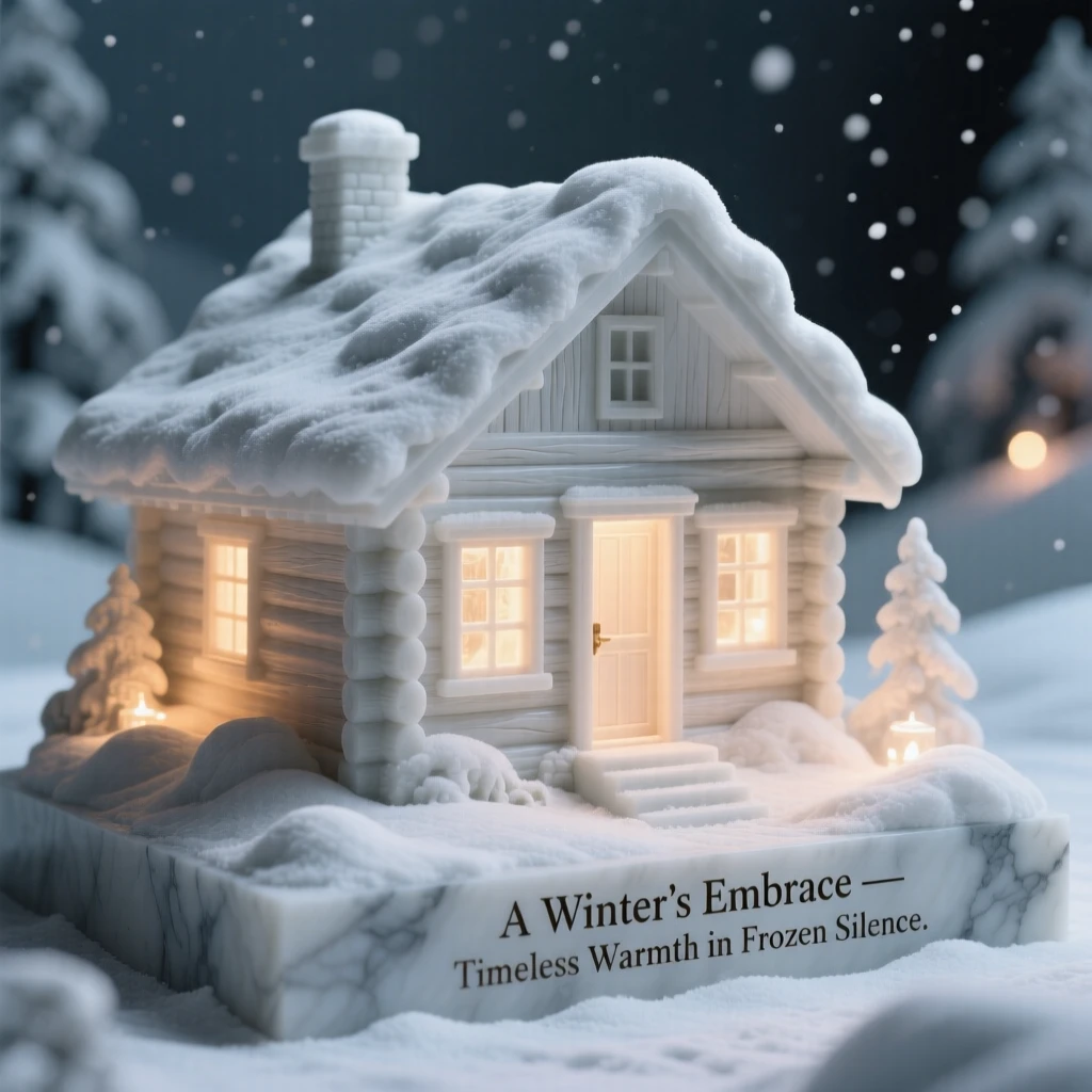 A beautifully composed image of a snow-covered cabin glowing with warm light, surrounded by soft, glowing light, full of atmosphere and visual storytelling
