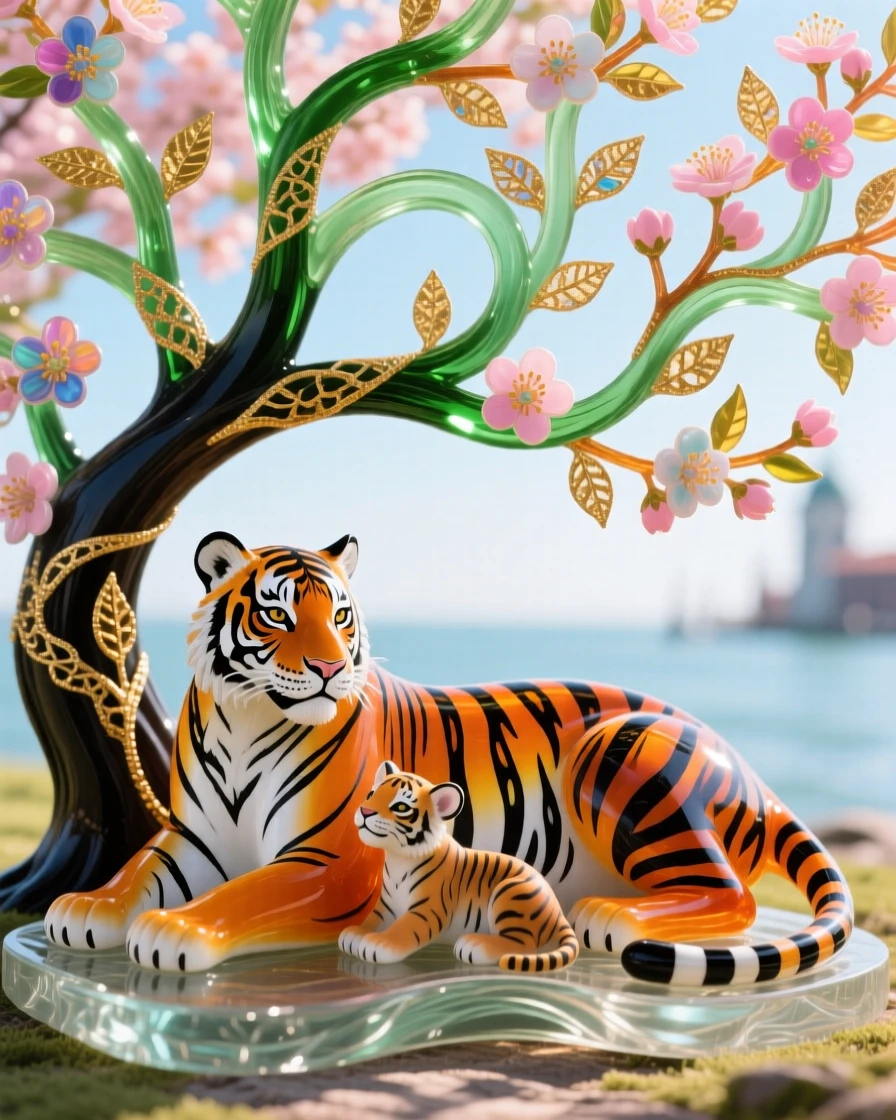 A mother tiger and cubs resting beneath a blossoming tree at midday, tender and majestic.
