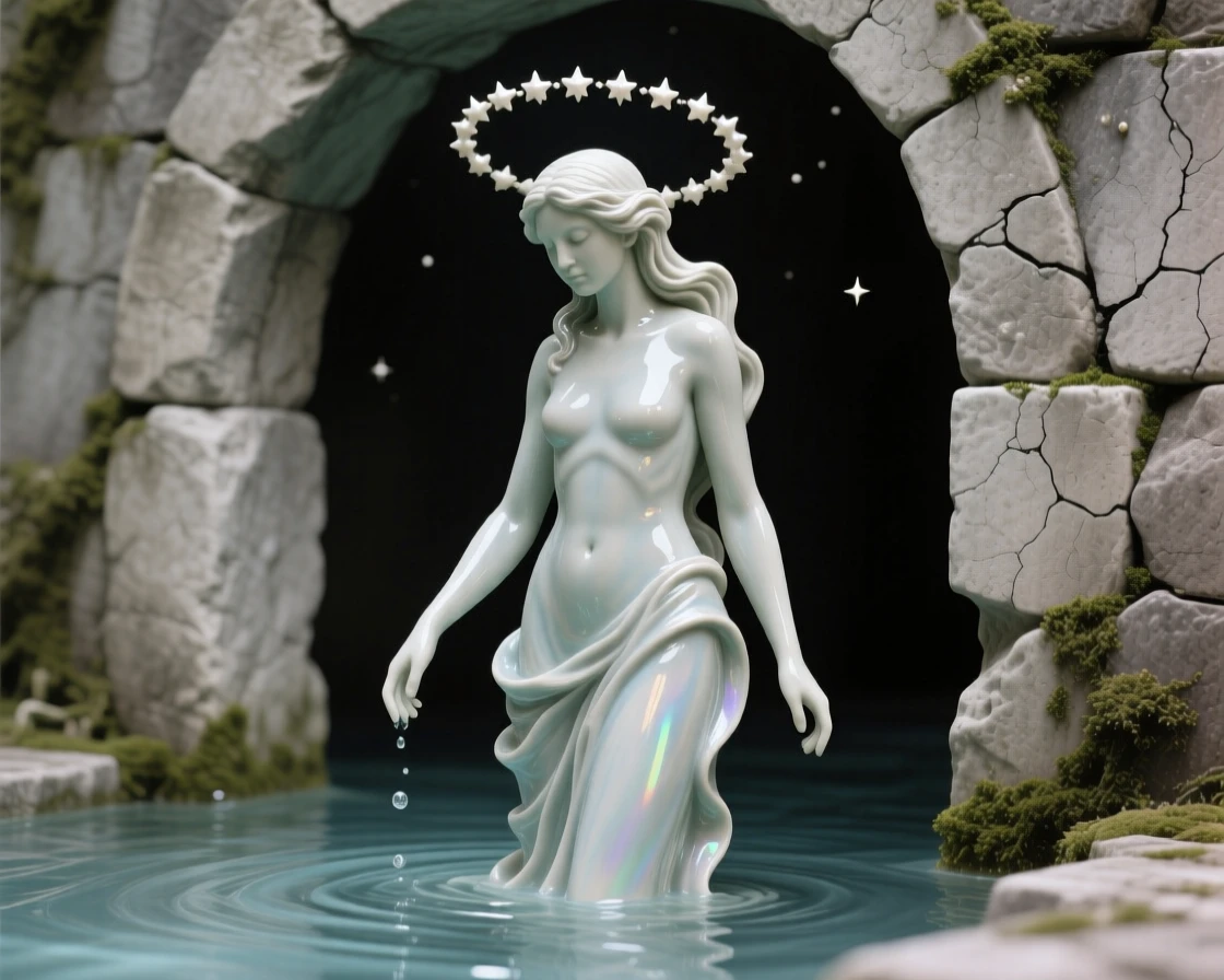 A water nymph rising from a rippling pool standing guard beside an ancient stone archway, haloed by a faint circle of starlight, evoking timeless wonder and ancient magic.