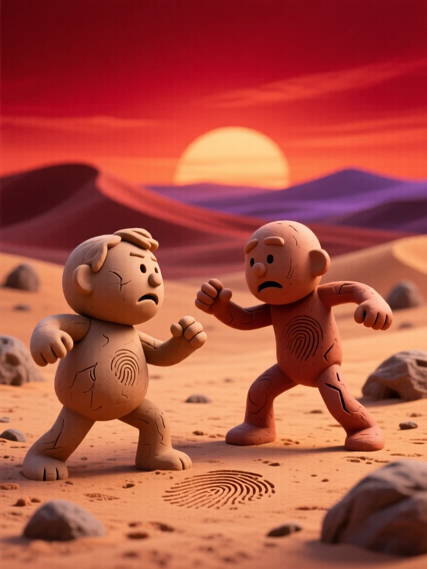 Set battling beneath a blood-red desert sunset