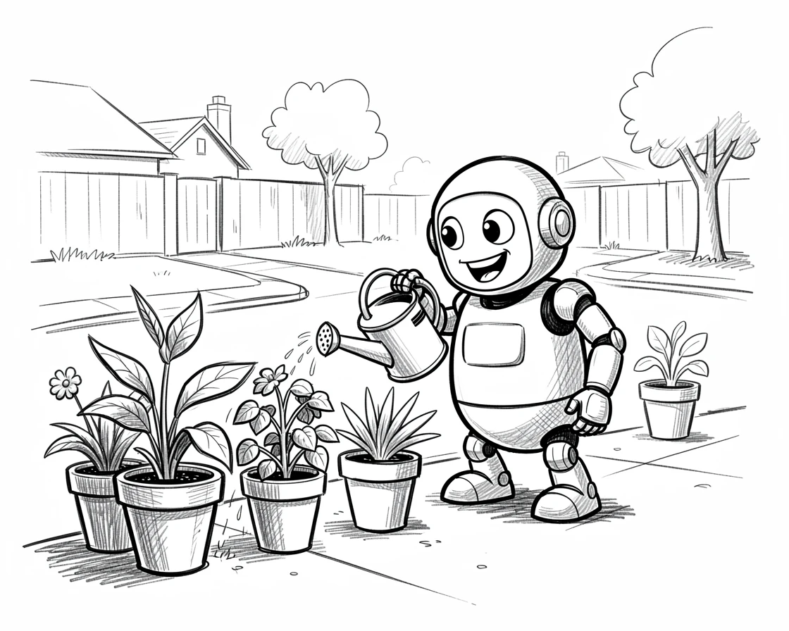 A friendly robot watering a row of potted plants on a quiet suburban street.