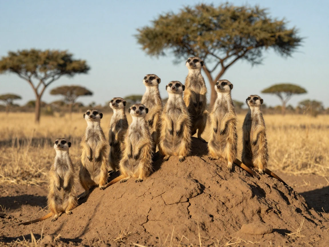 A meerkat family standing alert atop a termite mound