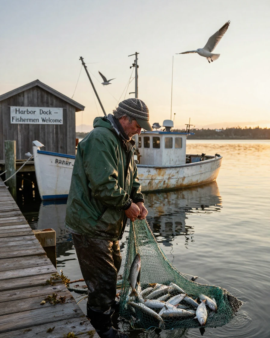 A fisherman hauls in a net glistening with the morning's catch at a small harbor.