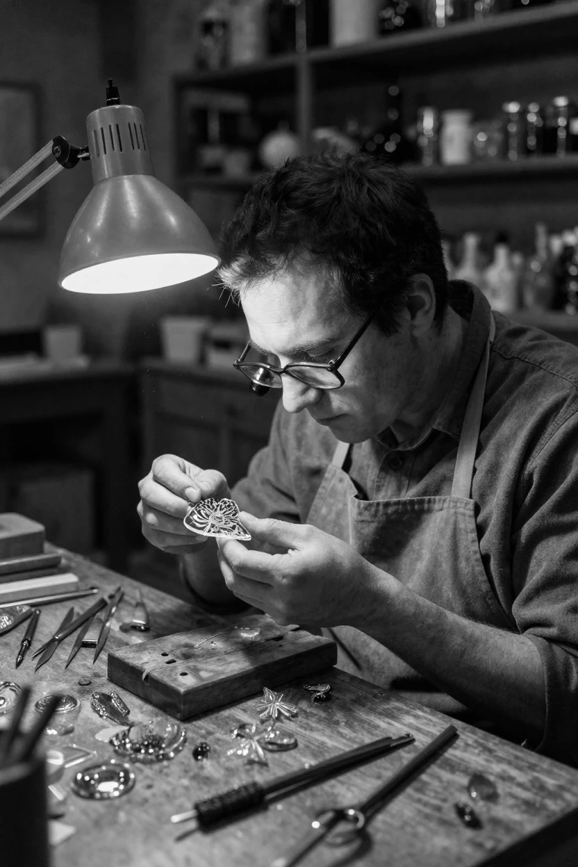 A glass artisan etches a delicate pattern into crystal beneath a magnifying lamp.