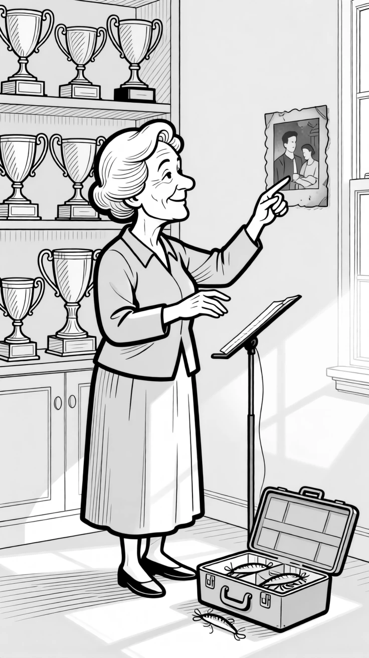 An elderly woman conducting an imaginary orchestra to old records, pointing at a faded photo with a nostalgic smile, set in a den lined with dusty trophies. A tackle box sits open, lures gleaming in the sun. It feels like a living memory, cherished and ongoing.