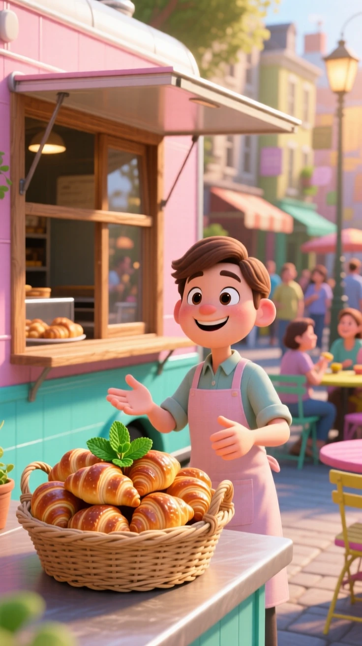 A basket of warm buttery croissants sits at a food truck window on a lively street, garnished with a sprig of fresh mint. The scene feels inviting, warm, and delicious.
