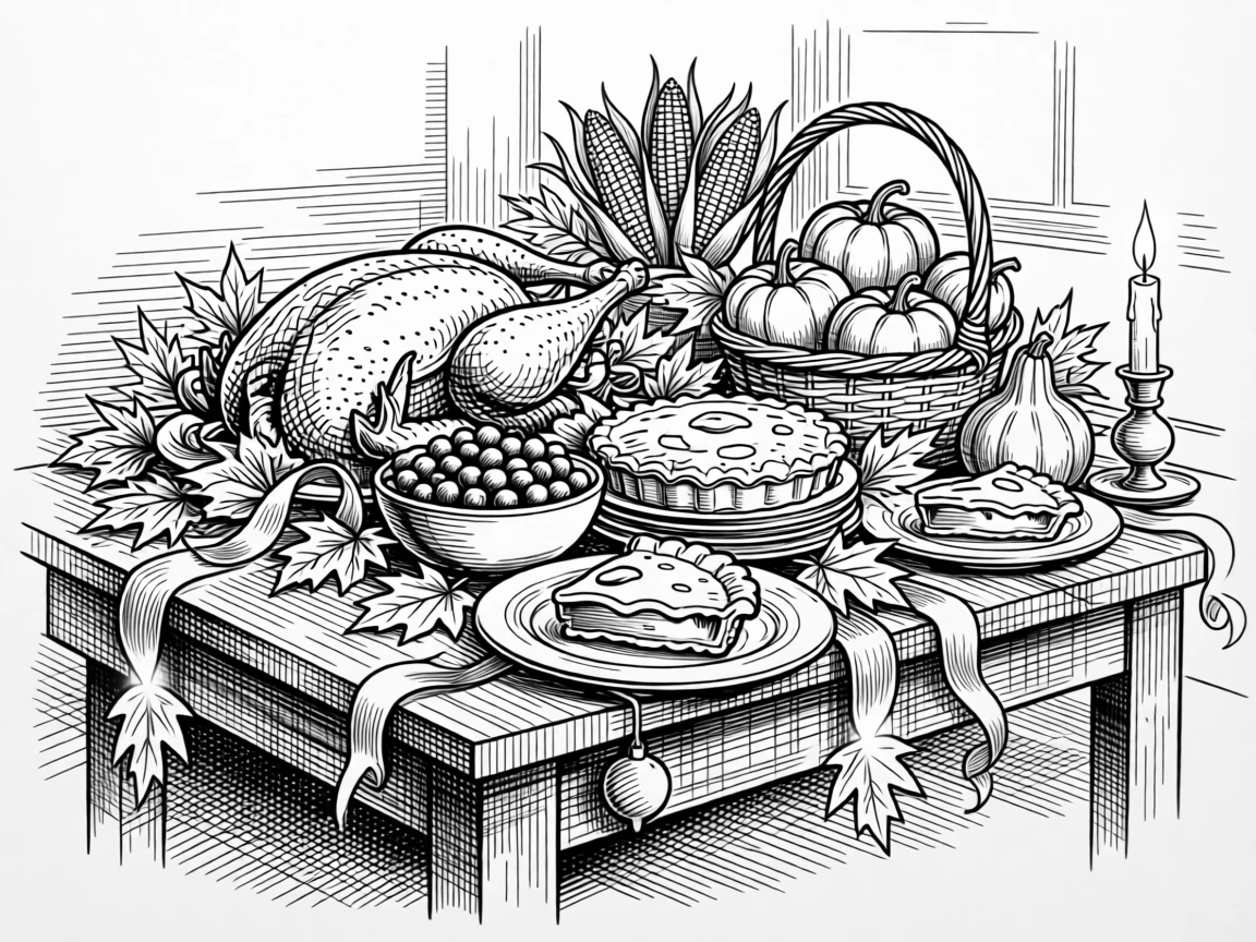 A thanksgiving table laden with a harvest feast with soft candlelight flickering nearby, with ribbons and ornaments catching the light, capturing a peacefully magical seasonal moment.