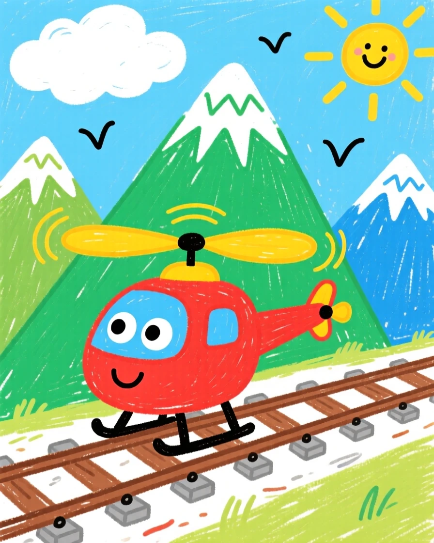 A nimble helicopter chugging along tracks beside a mountain range.